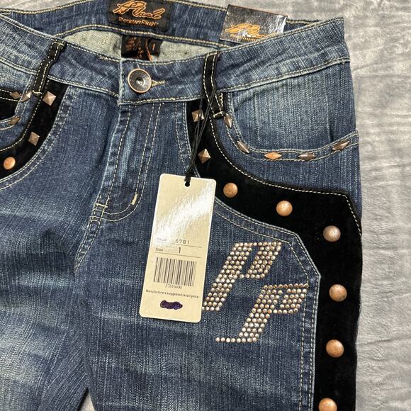 New Platinum Plush Embroidered Studded Straight Jeans Womens Size 1‎ Velvet Blue - Picture 7 of 10